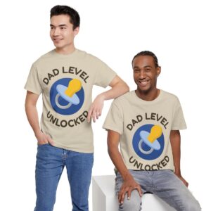 2 men wearing a father's day t-shirt that says "dad level unlocked"