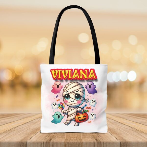 Halloween themed personalized tote bag with an adorable image of a mummy