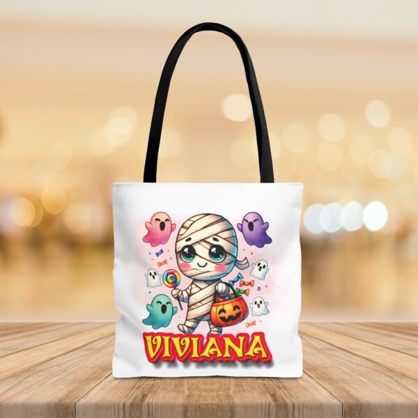 Halloween themed personalized tote bag with an adorable image of a mummy