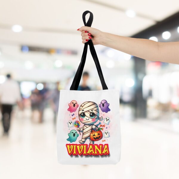 Halloween themed personalized tote bag with an adorable image of a mummy