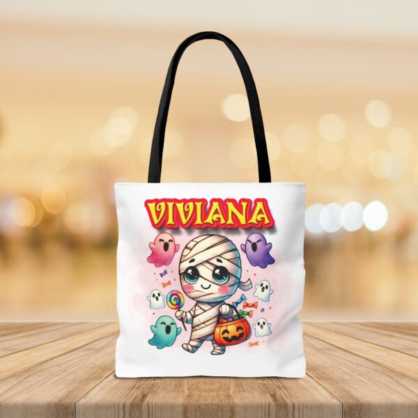 Halloween themed personalized tote bag with an adorable image of a mummy