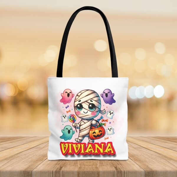 Halloween themed personalized tote bag with an adorable image of a mummy