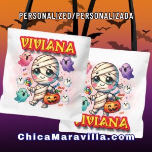 Halloween themed personalized tote bag with an adorable image of a mummy