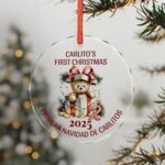Personalized Bilingual Crystal Ornament — “Carlito’s First Christmas 2025 / Primera Navidad de Carlitos” Teddy Gift