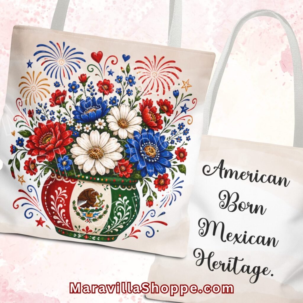 Mexican Heritage Tote Bag - Floral Pot with Flag Colors & "American Born Mexican Heritage" Design