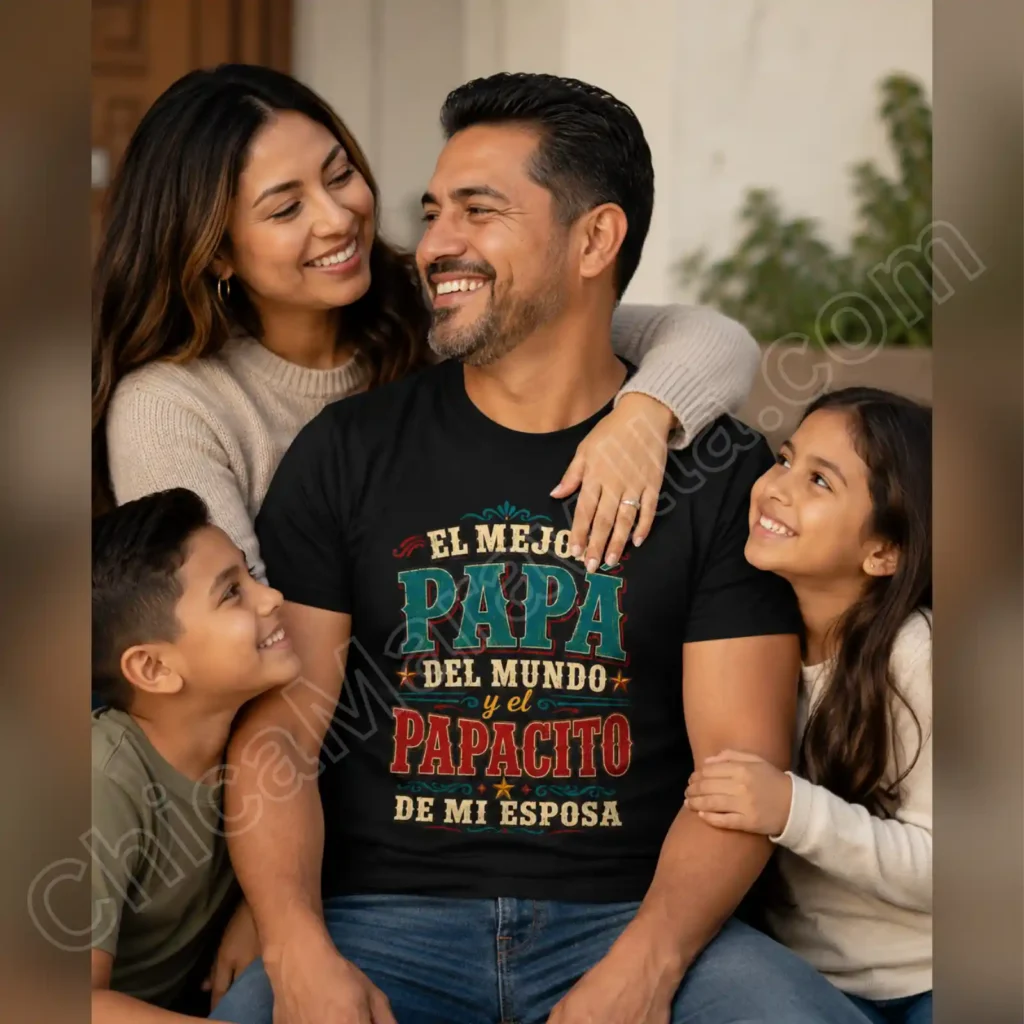 father with family wearing a shirt for sale on site.