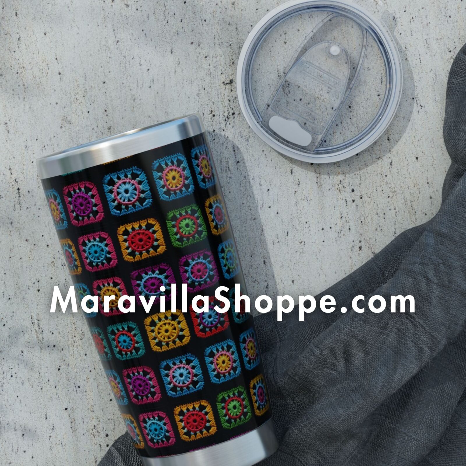 Granny Square Collection — Colorful Crochet Granny Square Pattern, 20oz Tumbler , Stainless Travel Mug